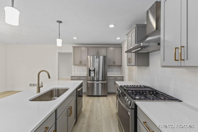 kitchen with light wood-style flooring, a sink, gray cabinetry, stainless steel appliances, and wall chimney range hood