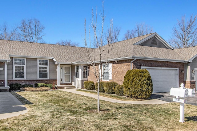 ranch-style house with a garage, brick siding, roof with shingles, and a front lawn