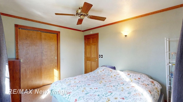 bedroom with crown molding, a closet, and ceiling fan