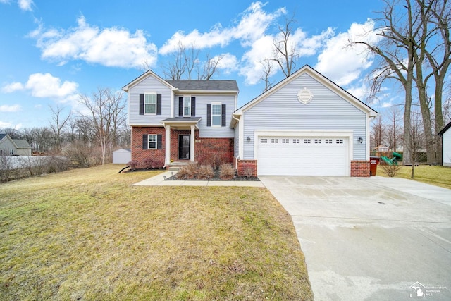 traditional-style home featuring a front lawn, an attached garage, brick siding, and driveway