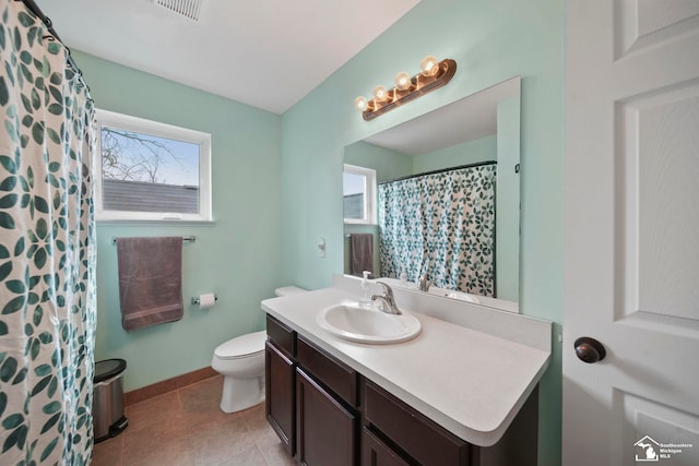 bathroom with vanity, baseboards, visible vents, tile patterned flooring, and toilet