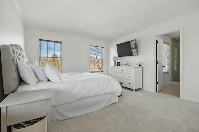 bedroom featuring light colored carpet and crown molding