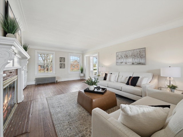 living area with a glass covered fireplace, radiator heating unit, hardwood / wood-style floors, and ornamental molding