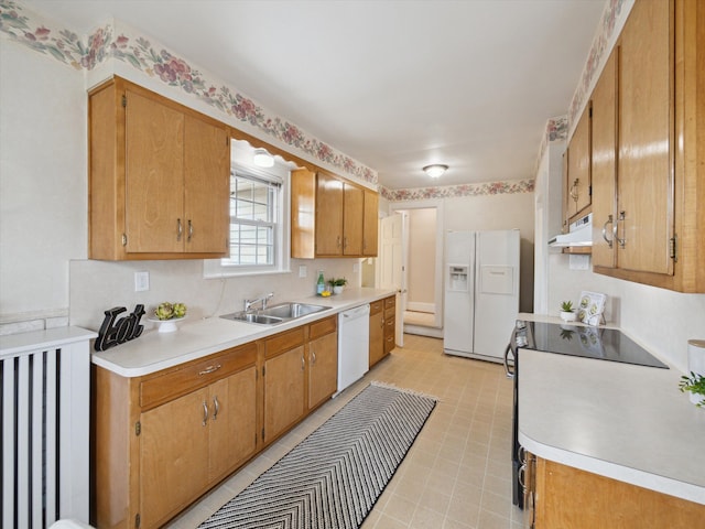 kitchen with white appliances, a sink, light countertops, under cabinet range hood, and brown cabinets