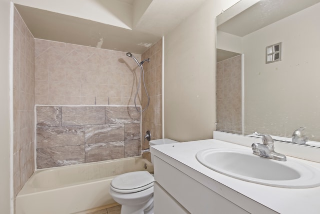 full bath featuring toilet, bathtub / shower combination, vanity, and tile patterned flooring