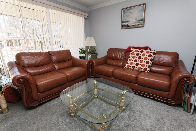 living area with carpet flooring and crown molding