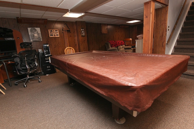 playroom featuring billiards, a drop ceiling, wood walls, and carpet floors