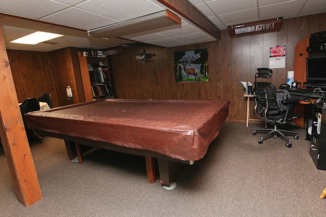 rec room featuring a drop ceiling, carpet floors, wood walls, and billiards