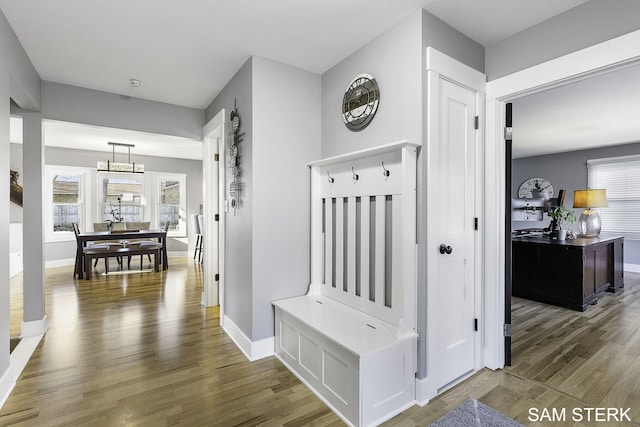 mudroom featuring baseboards and wood finished floors