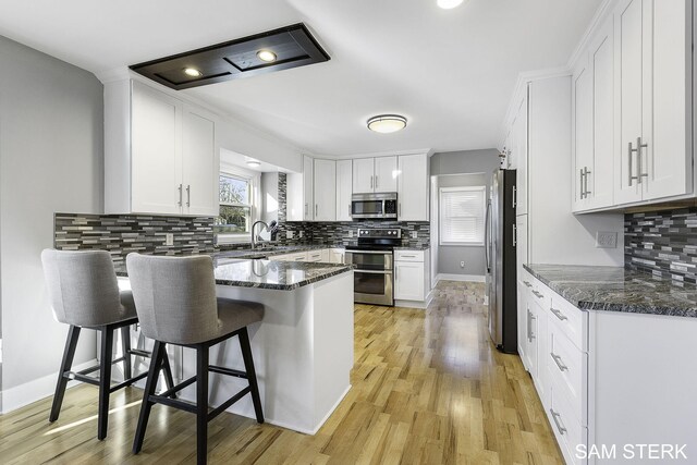 kitchen with stainless steel appliances, a peninsula, and white cabinetry