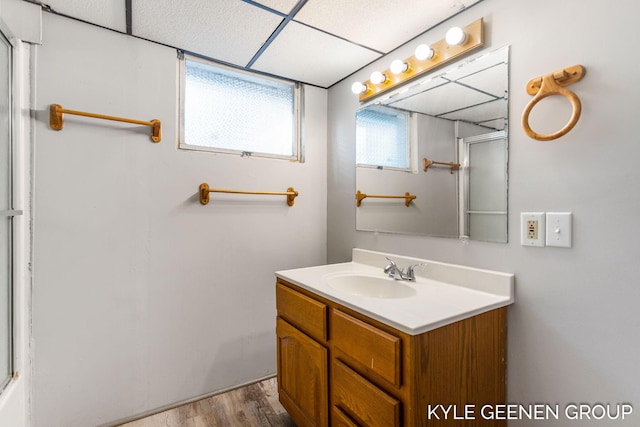 bathroom with a shower with door, vanity, and wood finished floors