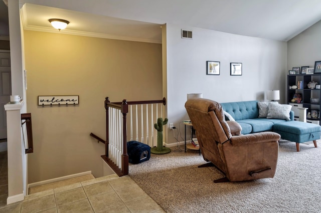 living room featuring visible vents, crown molding, carpet floors, vaulted ceiling, and tile patterned floors