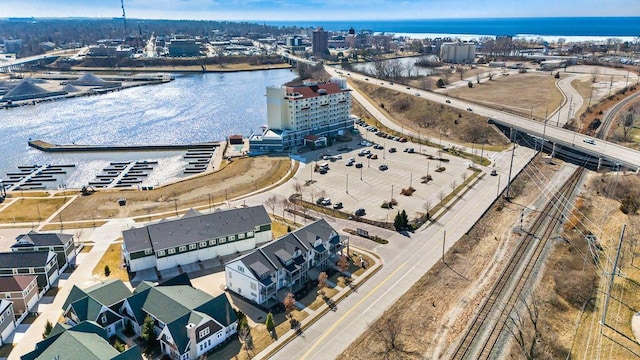 bird's eye view with a water view