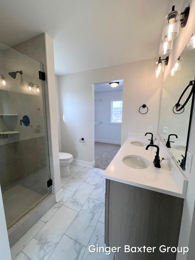 11328 Shoreline Dr Unit 118, Allendale, MI 49401 - bathroom with marble look tile flooring, double vanity, toilet, and a stall shower