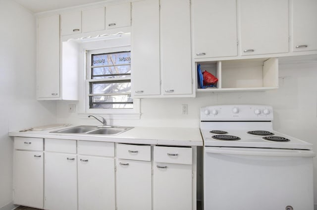 kitchen with white cabinetry, white electric range, and a sink