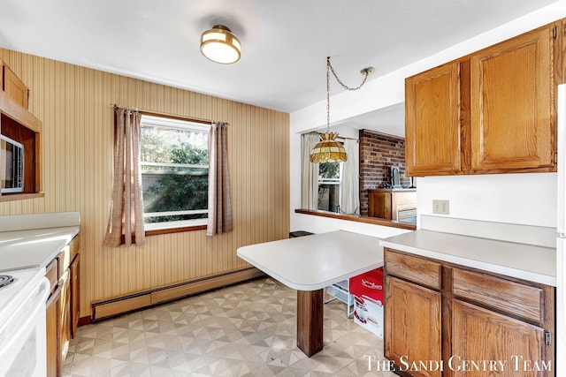 kitchen featuring light floors, light countertops, brown cabinets, white electric range oven, and a baseboard radiator