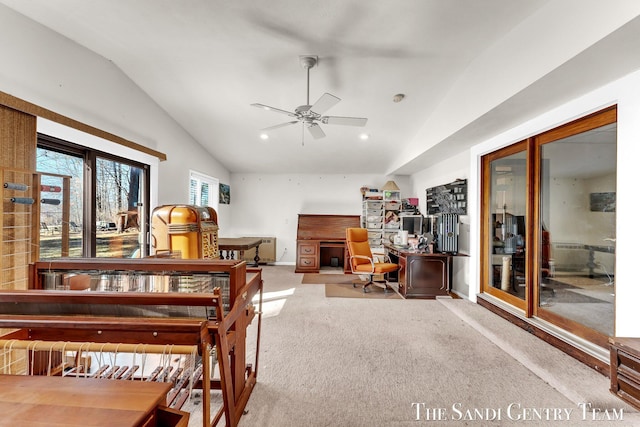 interior space with lofted ceiling, recessed lighting, baseboards, and carpet floors