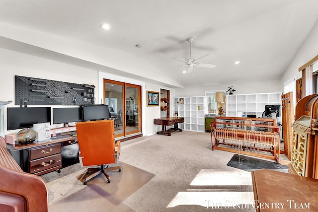 office space with vaulted ceiling, recessed lighting, carpet, and ceiling fan