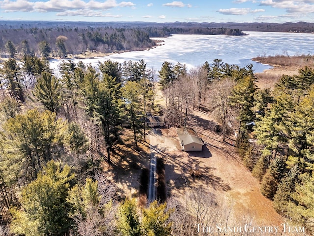 aerial view featuring a wooded view and a water view