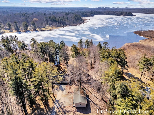 birds eye view of property with a forest view and a water view