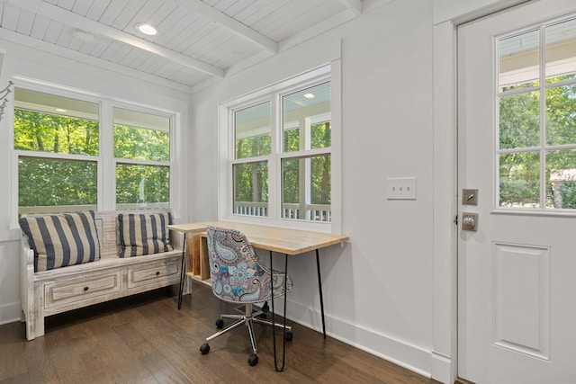 office space featuring beamed ceiling, dark wood-style floors, recessed lighting, baseboards, and wood ceiling