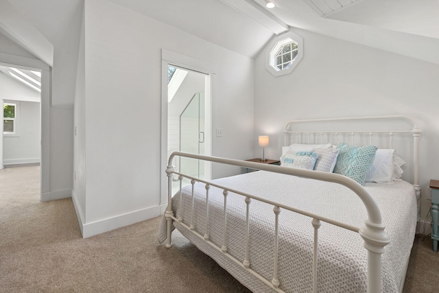 bedroom with baseboards, carpet, and lofted ceiling