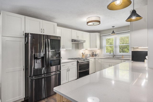 kitchen with light countertops, under cabinet range hood, and stainless steel appliances