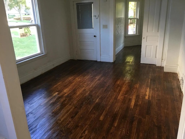 empty room featuring a wealth of natural light, baseboards, and dark wood-type flooring