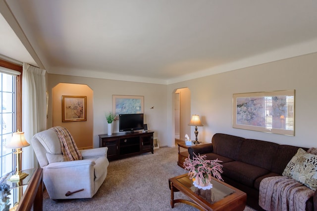 carpeted living room with arched walkways