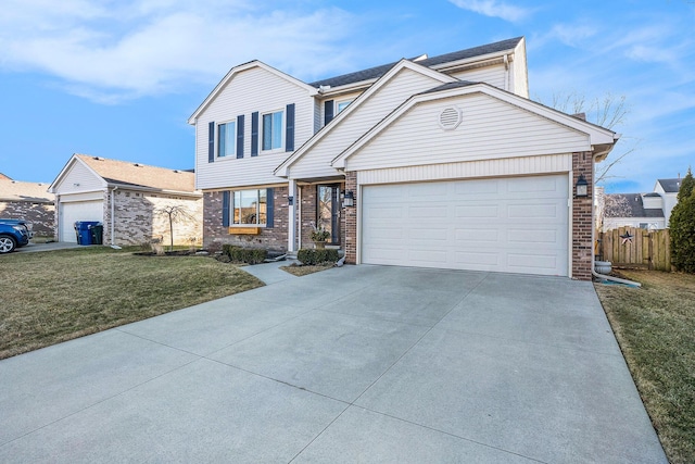 view of front of property with concrete driveway, brick siding, and a front lawn