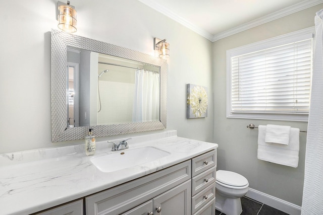 bathroom with toilet, crown molding, tile patterned flooring, baseboards, and vanity