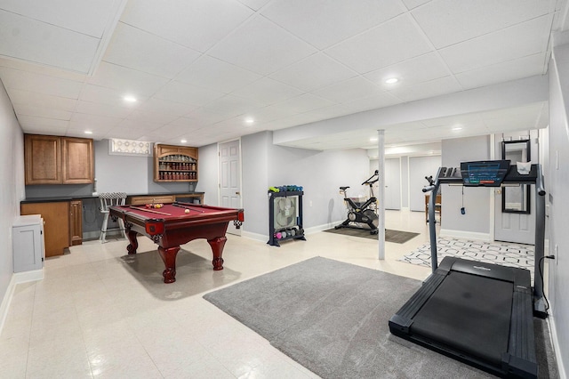 recreation room featuring recessed lighting, baseboards, pool table, a paneled ceiling, and light floors