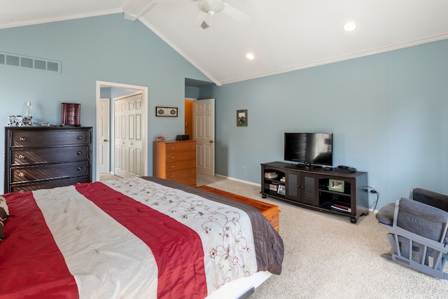 carpeted bedroom with visible vents, ornamental molding, a ceiling fan, baseboards, and vaulted ceiling