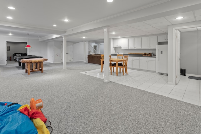 rec room featuring light tile patterned floors, recessed lighting, baseboards, and light carpet