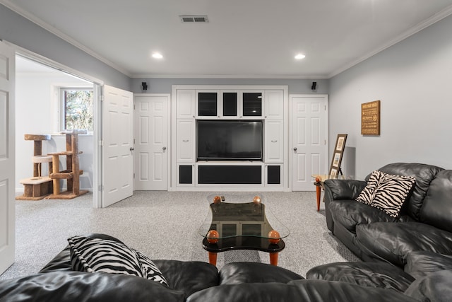 living room featuring recessed lighting, carpet, visible vents, and ornamental molding