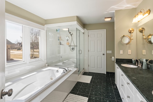 bathroom featuring double vanity, a stall shower, a wealth of natural light, and a sink