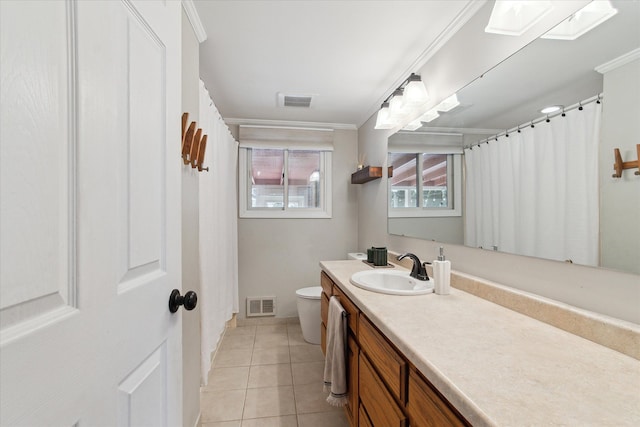 full bathroom featuring tile patterned floors, visible vents, toilet, and vanity