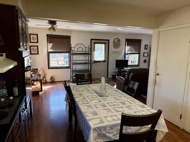 dining room featuring dark wood-type flooring and a ceiling fan