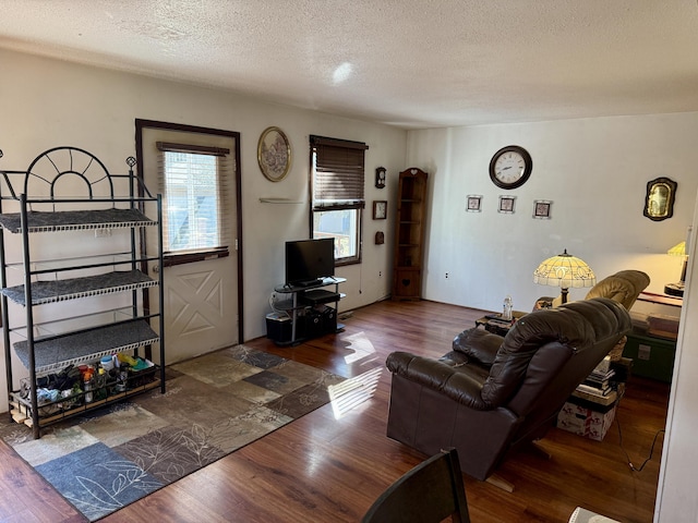 living area featuring a textured ceiling, a healthy amount of sunlight, and wood finished floors