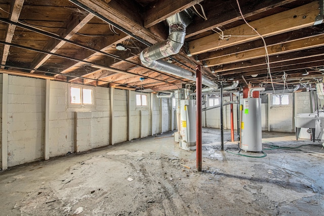 basement with water heater and a sink