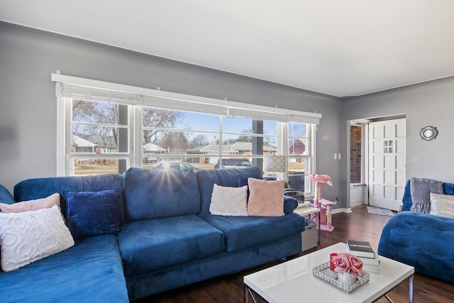 living area featuring baseboards and dark wood-style flooring