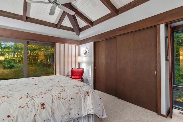 unfurnished bedroom featuring lofted ceiling with beams, multiple windows, carpet, and a ceiling fan