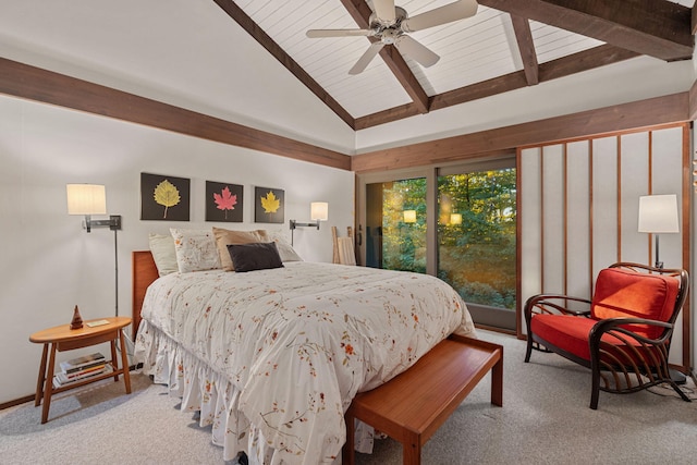 bedroom with a ceiling fan, beam ceiling, carpet, and high vaulted ceiling