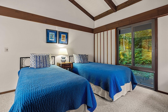 bedroom with beam ceiling, high vaulted ceiling, baseboards, and carpet floors