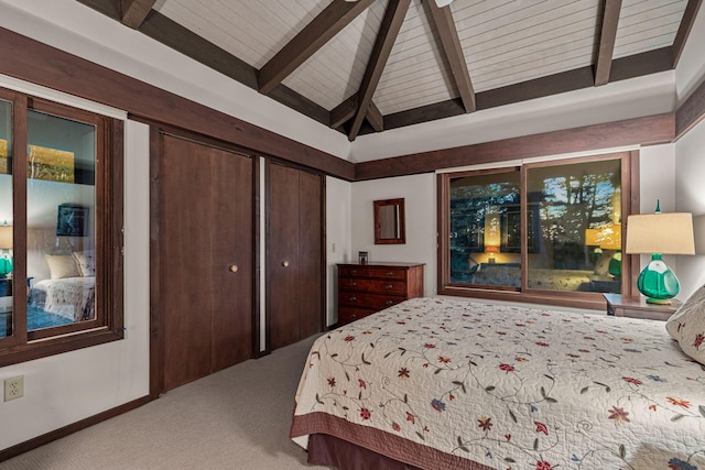 bedroom featuring vaulted ceiling with beams, light colored carpet, and baseboards