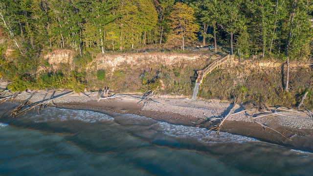 view of swimming pool with a wooded view