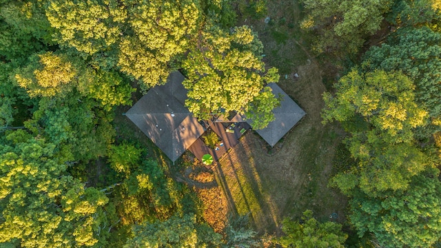 bird's eye view with a wooded view