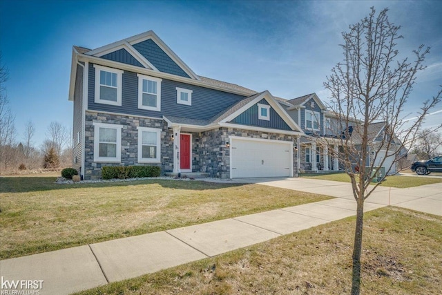 craftsman-style home featuring stone siding, board and batten siding, concrete driveway, and a front lawn