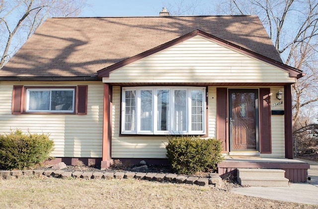 view of front of home with roof with shingles and a chimney