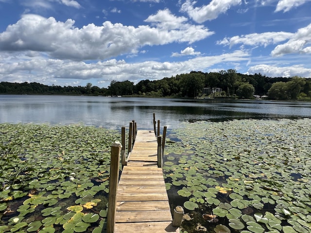 view of dock featuring a forest view and a water view